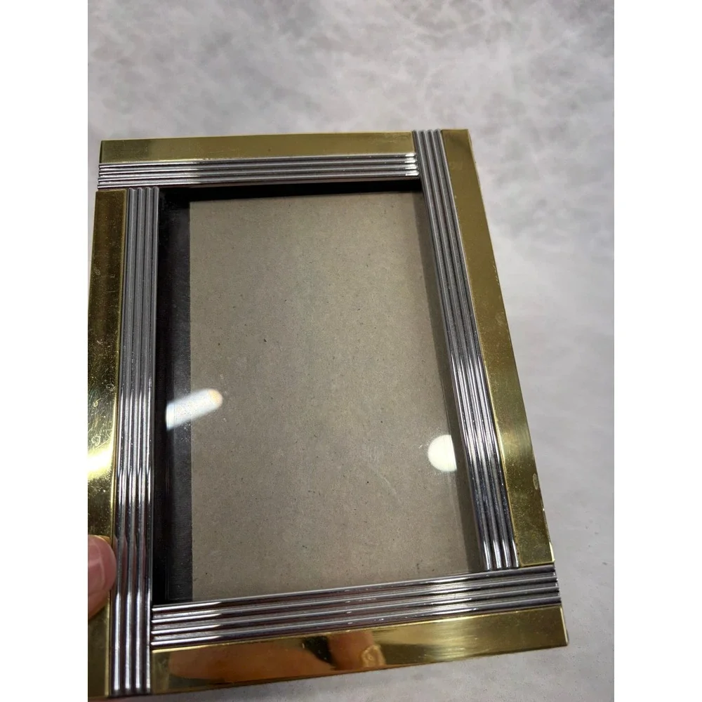 Vintage Two Tone Gold and Silver Ribbed Metal Picture Frame 5x7 Art‎ Deco Style